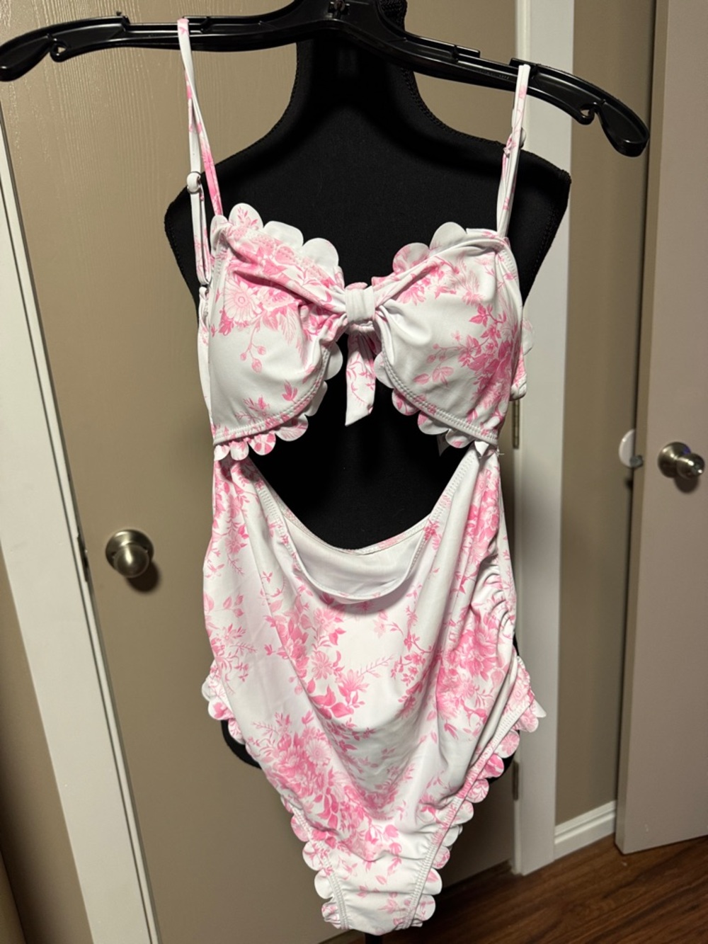 Pink Floral Cutout One-Piece Swimsuit with Scallop Trim